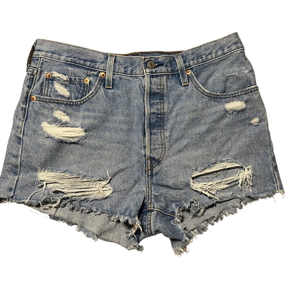 Levis 501 Distressed Denim Shorts Light Wash High Rise Cut Off Button Fly 32